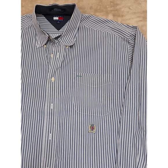 Vintage Tommy Hilfiger Mens Striped Button Down Shirt XL Navy White Long Sleeve - Picture 3 of 7